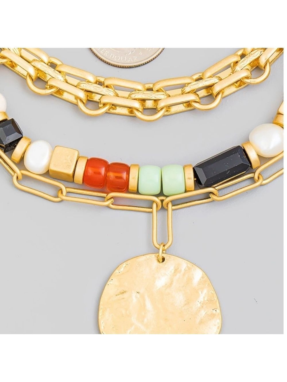 Hammered Disc Layered Bead Chain Necklace - Picture 3 of 3